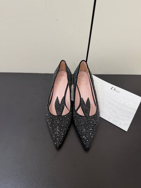 DIOR 26S POINTED-TOE HIGH HEELS 35MM IN BLACK SUEDE CRYSTAL
