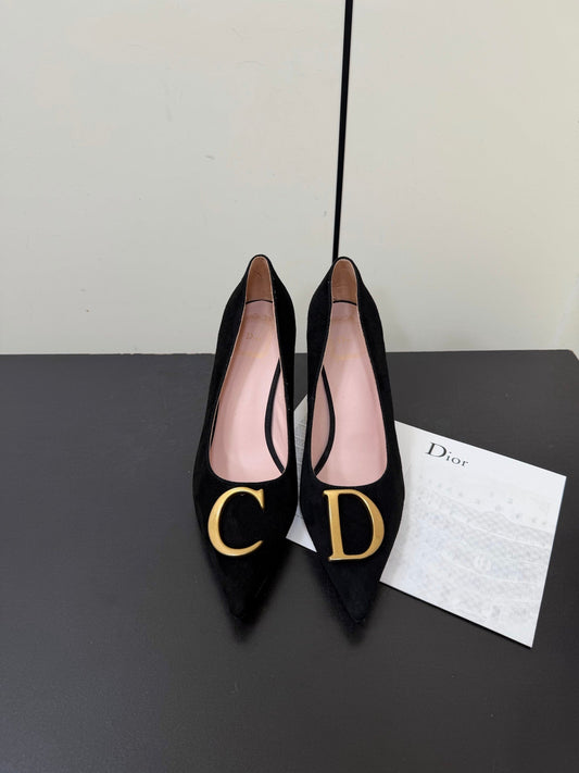 DIOR 26S POINTED-TOE HIGH HEELS 70MM IN BLACK SUEDE GOLD HARDWARE