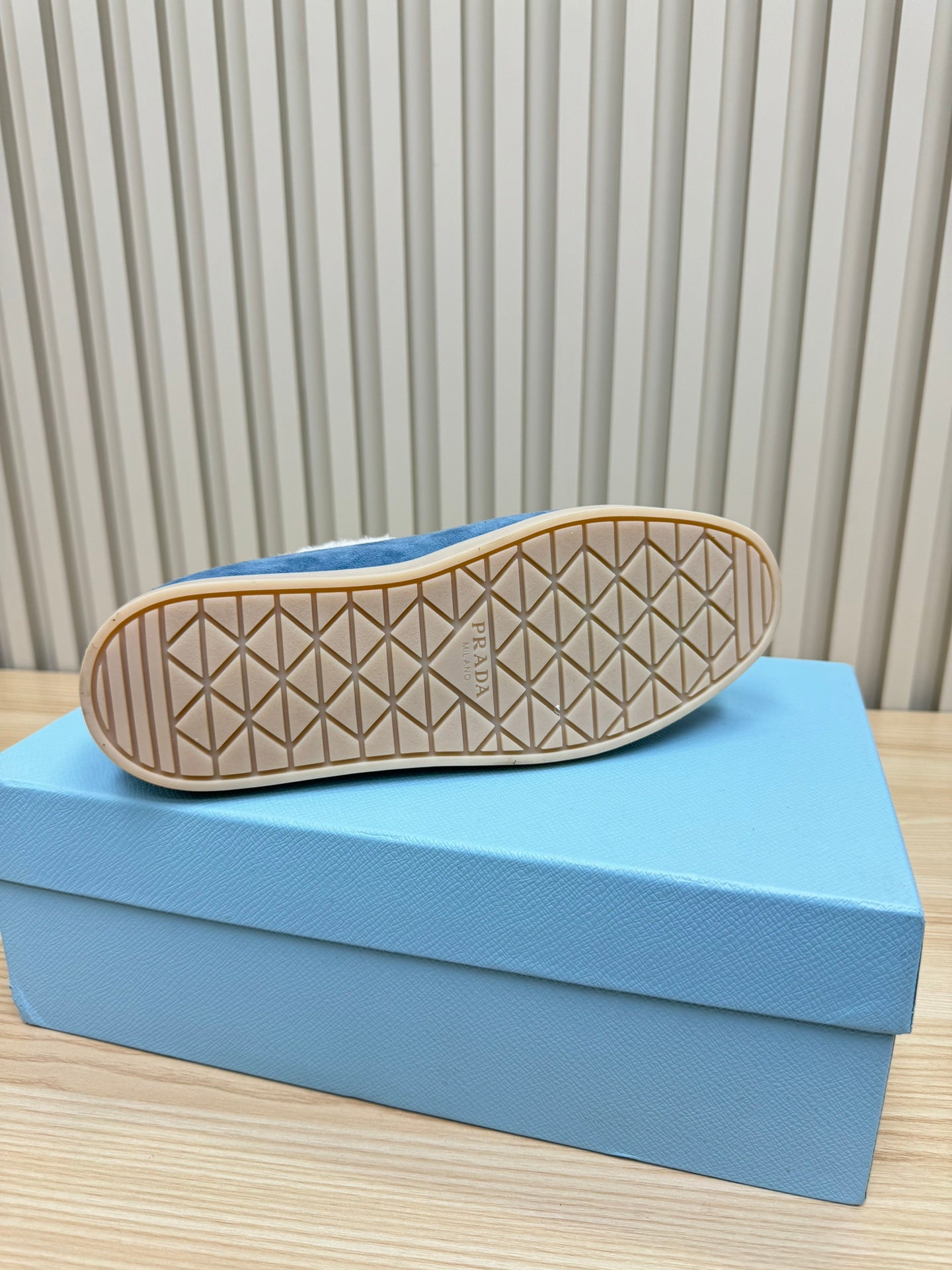 LOAFER IN AZURE BLUE SUEDE AND FUR LINING ATTACHED TRIANGLE LOGO - 35