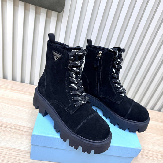 PRADA 25S MONOLITH BOOTS IN BLACK SUEDE - 35
