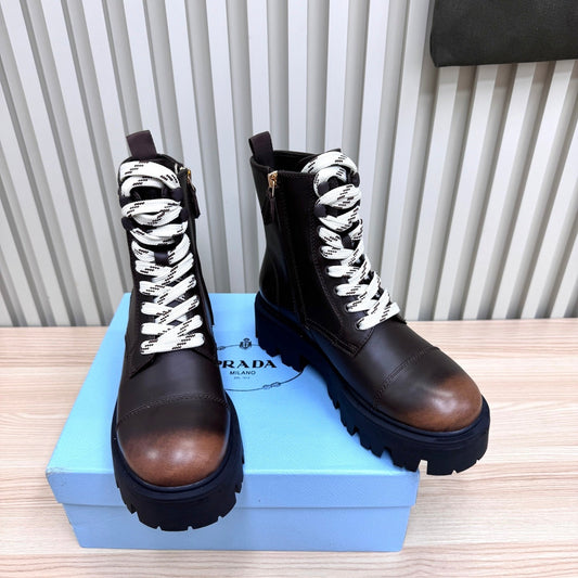 PRADA 25S MONOLITH BOOTS IN DARK BROWN CALFSKIN - 35