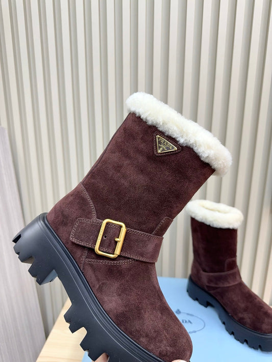 PRADA 25S MARTIN BOOTS IN DARK BURGUNDY BROWN SUEDE FUR-LINED - 35