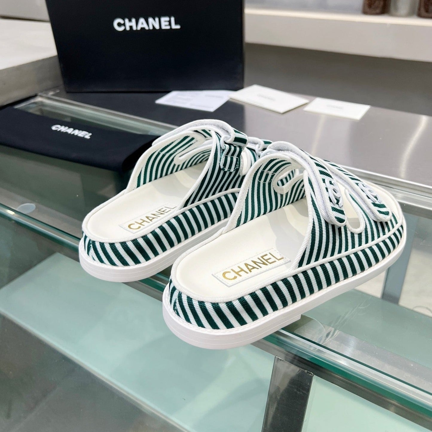 Stripes Casual Flat Sandals Jade Green White - 34