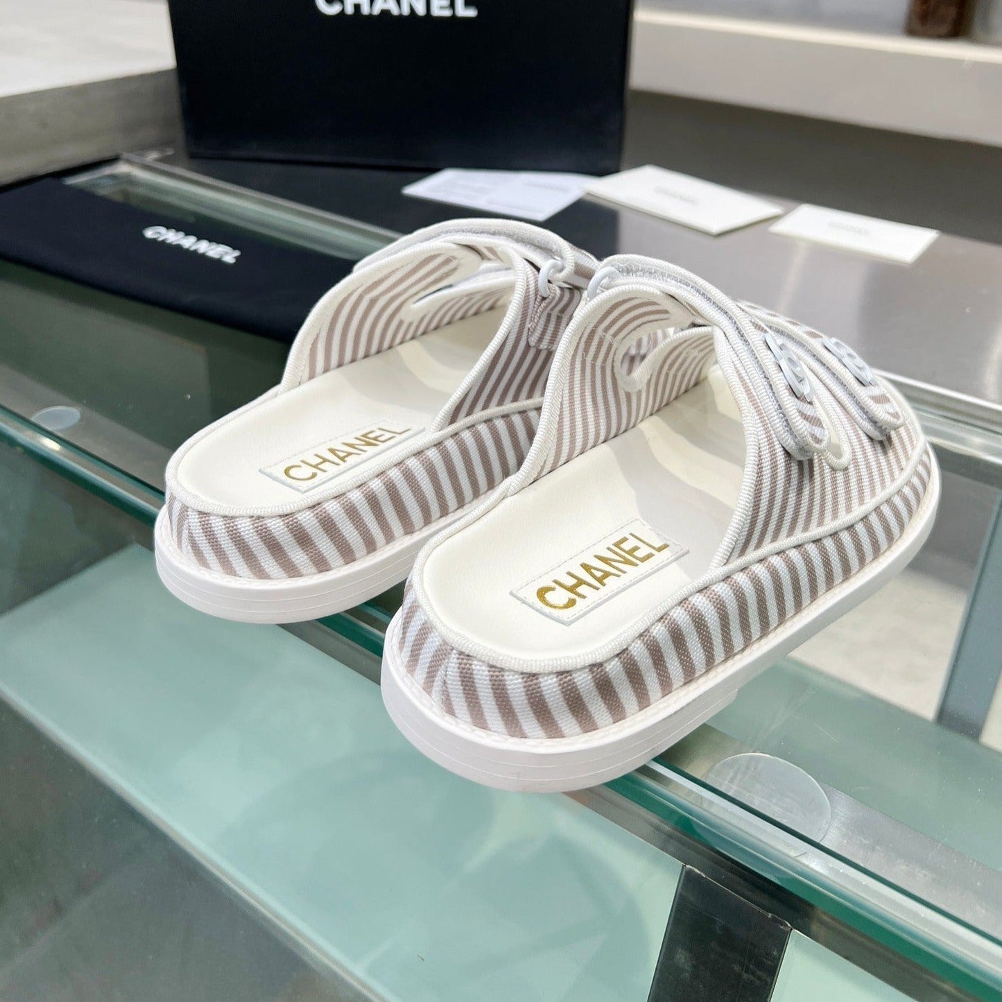 Stripes Casual Flat Sandals Gray White - 34