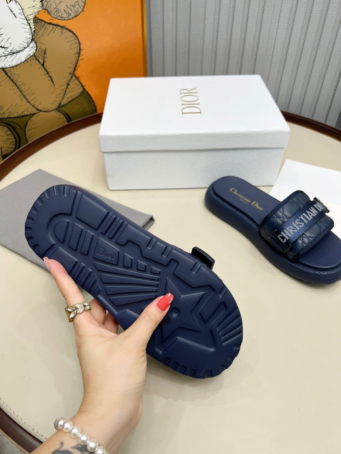 PLATFORM SLIDES 25S 50MM IN NAVY BLUE CALFSKIN AND ELECTRIC FABRIC - 35