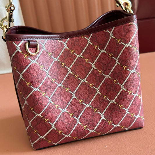 GUCCI 26S GG EMBLEM BUCKET BAG 19 IN DARK RED COATED FABRIC