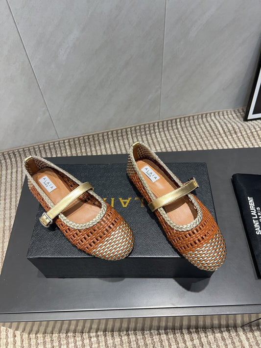 ALAIA MARY JANE FLATS WOVEN PATTERN 25S IN BROWN CALFSKIN - 35