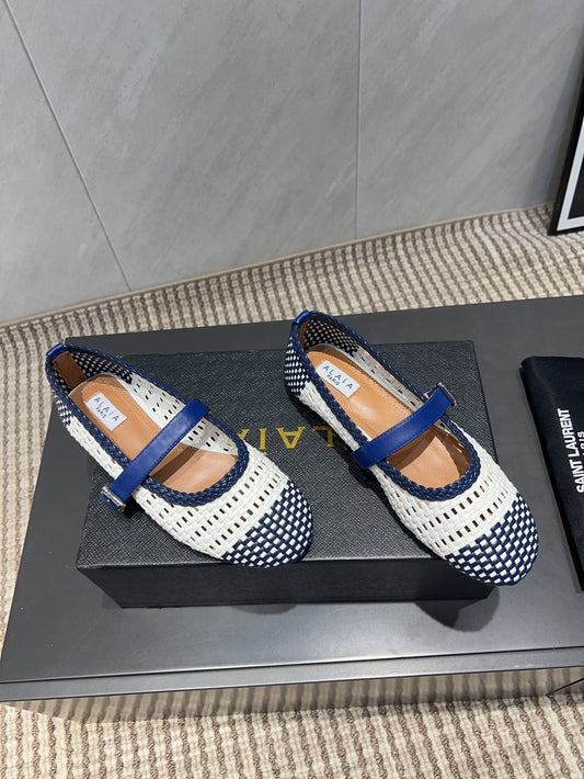 ALAIA MARY JANE FLATS WOVEN PATTERN 25S IN WHITE MIX NAVY BLUE CALFSKIN - 35