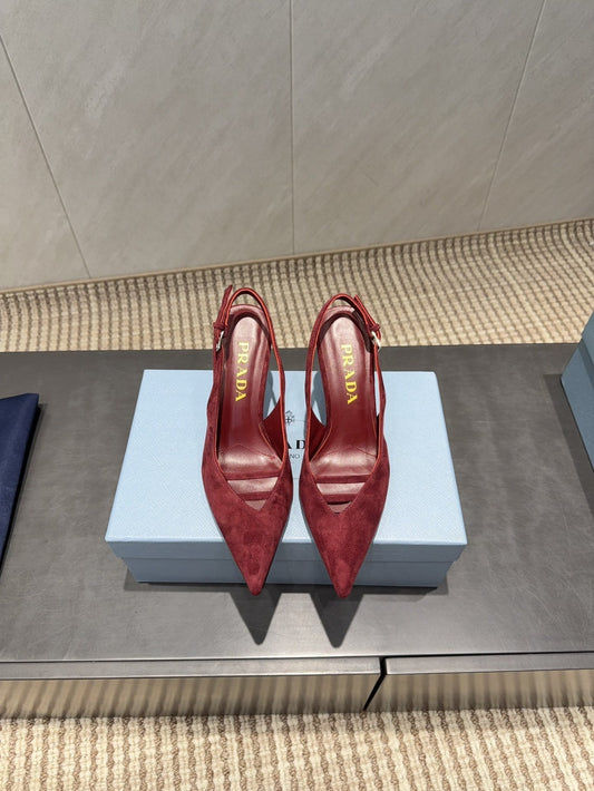 PRADA 26S ГОСТРОНОСІ ТУФЛІ-СЛІНГБЕКИ НА ВИСОКИХ ПІДБОРАХ 75 ММ ІЗ ТЕМНО-ЧЕРВОНОЇ ЗАМШІ