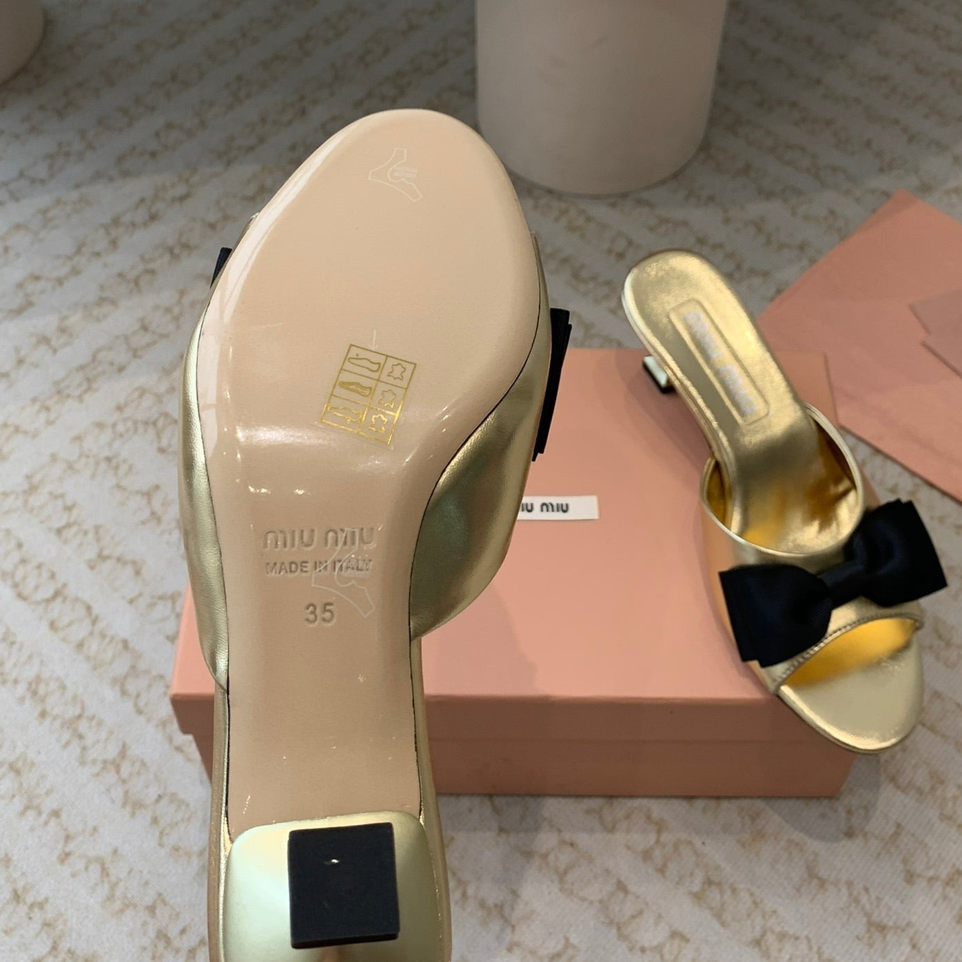 Metallic Gold Mid - Heels With Black Bow Calfskin - 35