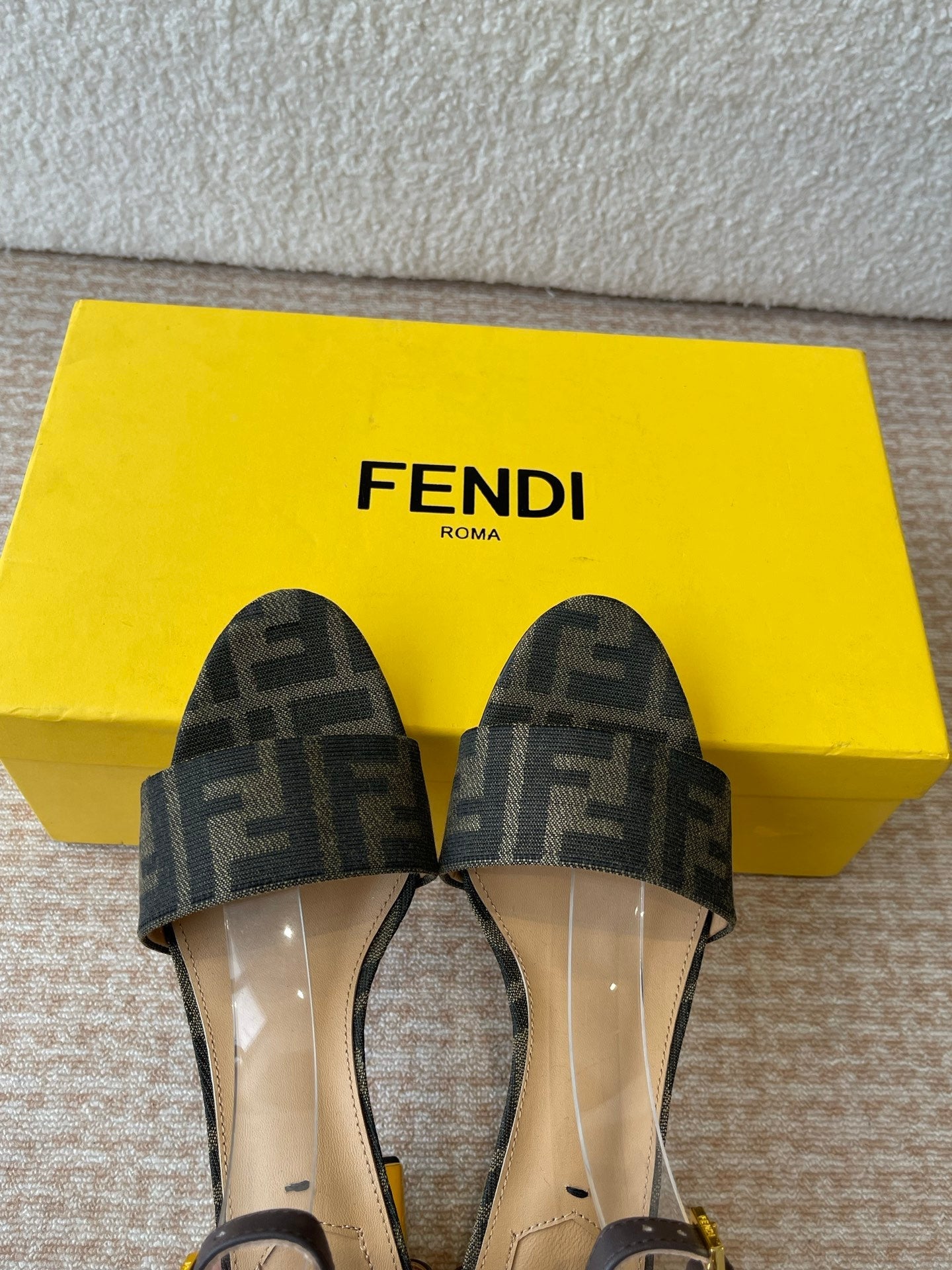 FF FIRST HIGH-HEEL 70MM IN KHAKI FABRIC AND CALFSKIN - 35