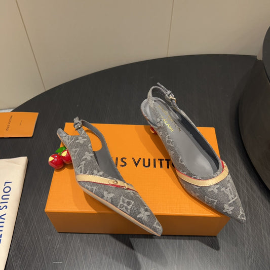 LV HIGH SLINGBACK LOGO PRINT 25S 55MM IN GREY DENIM - 35