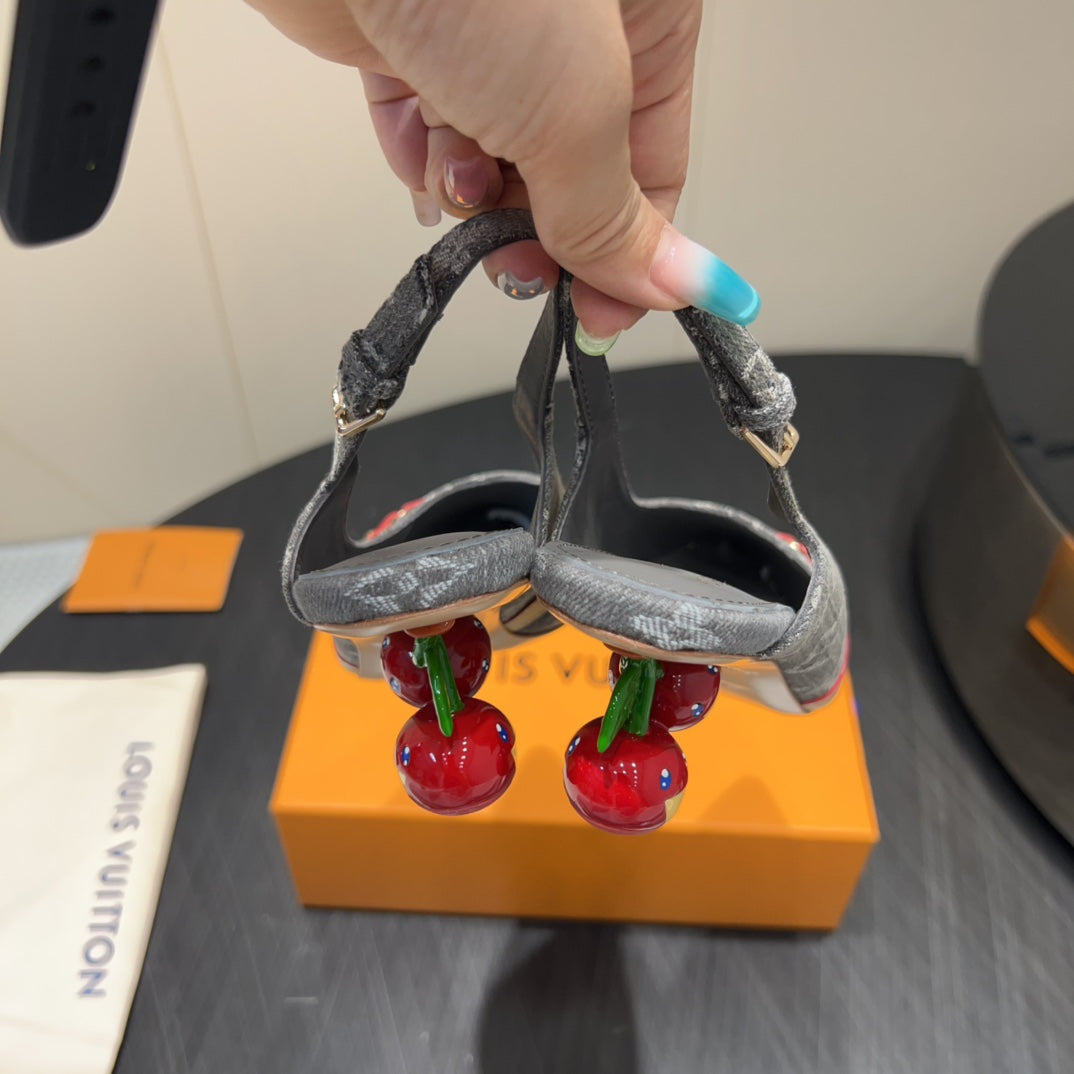 LV HIGH SLINGBACK LOGO PRINT 25S 55MM IN GREY DENIM - 35