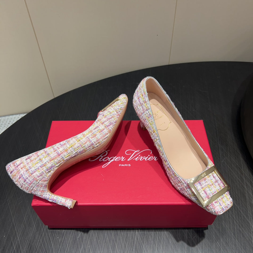 ROGER VIVIER 25S TROMPETTE SQUARE TOE HIGH HEELS 70MM IN PINK TWEED - 34