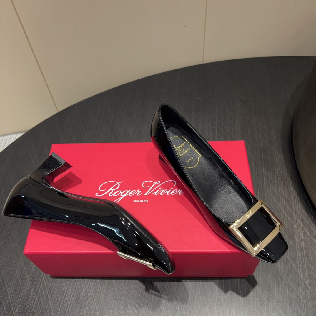 ROGER VIVIER 25S BELLE VIVIER PUMPS 45MM IN BLACK CALFSKIN GOLD BUCKLE - 34