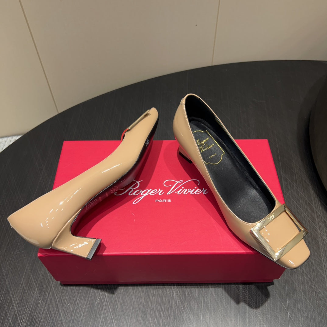 ROGER VIVIER 25S BELLE VIVIER PUMPS 45MM IN BEIGE CALFSKIN GOLD BUCKLE - 34