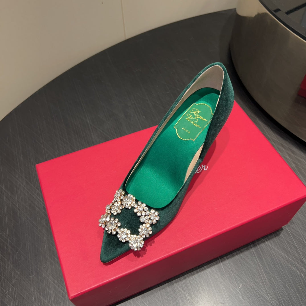 ROGER VIVIER 25S POINTED TOE HIGH HEELS 70MM IN TEAL GREEN VELVET EMBELLISHED CRYSTALS - 34