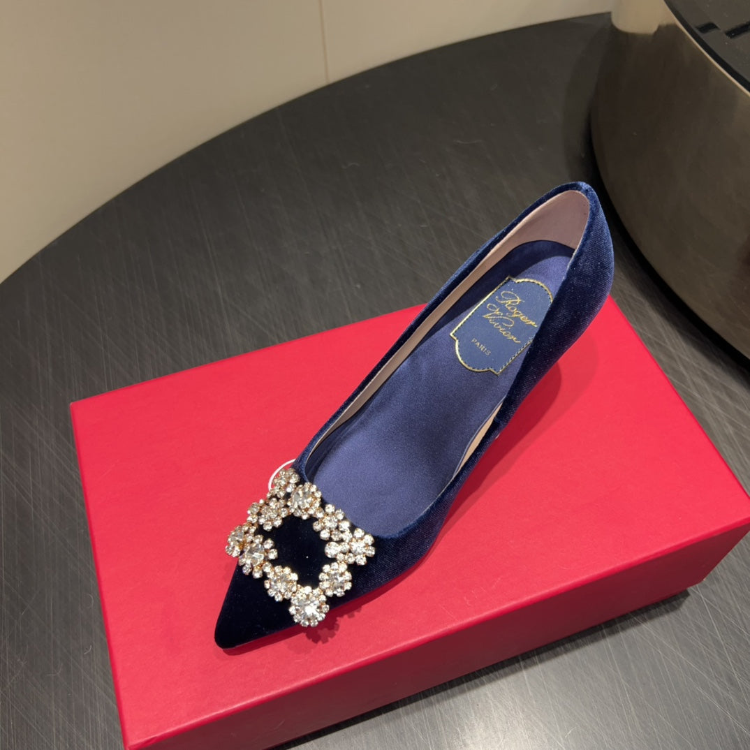 ROGER VIVIER 25S POINTED TOE HIGH HEELS 70MM IN DARK BLUE VELVET EMBELLISHED CRYSTALS - 34