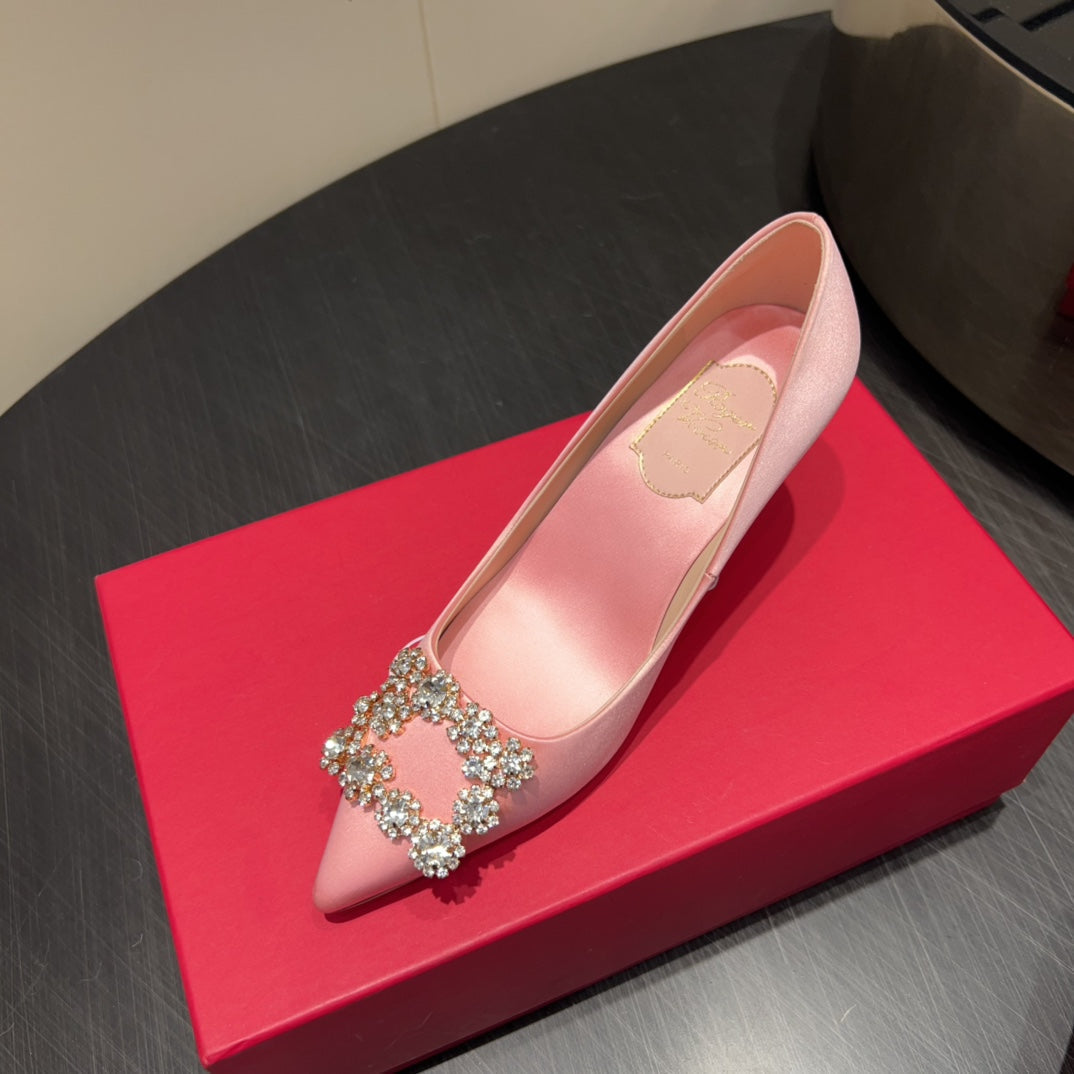 ROGER VIVIER 25S POINTED TOE HIGH HEELS 70MM IN BABY PINK SILK EMBELLISHED CRYSTALS - 34