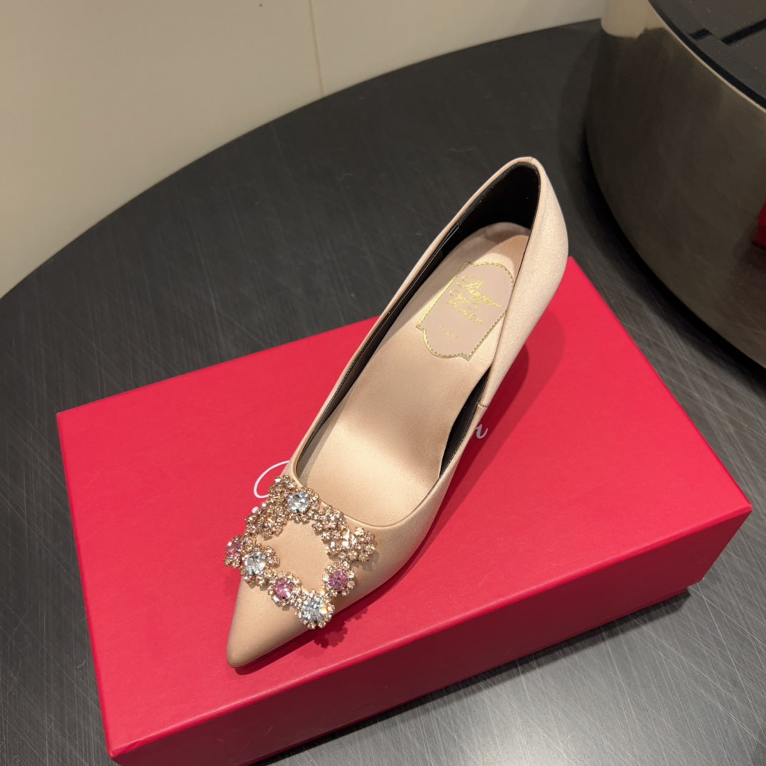 ROGER VIVIER 25S POINTED TOE HIGH HEELS 70MM IN DARK NUDE SILK EMBELLISHED CRYSTALS - 34