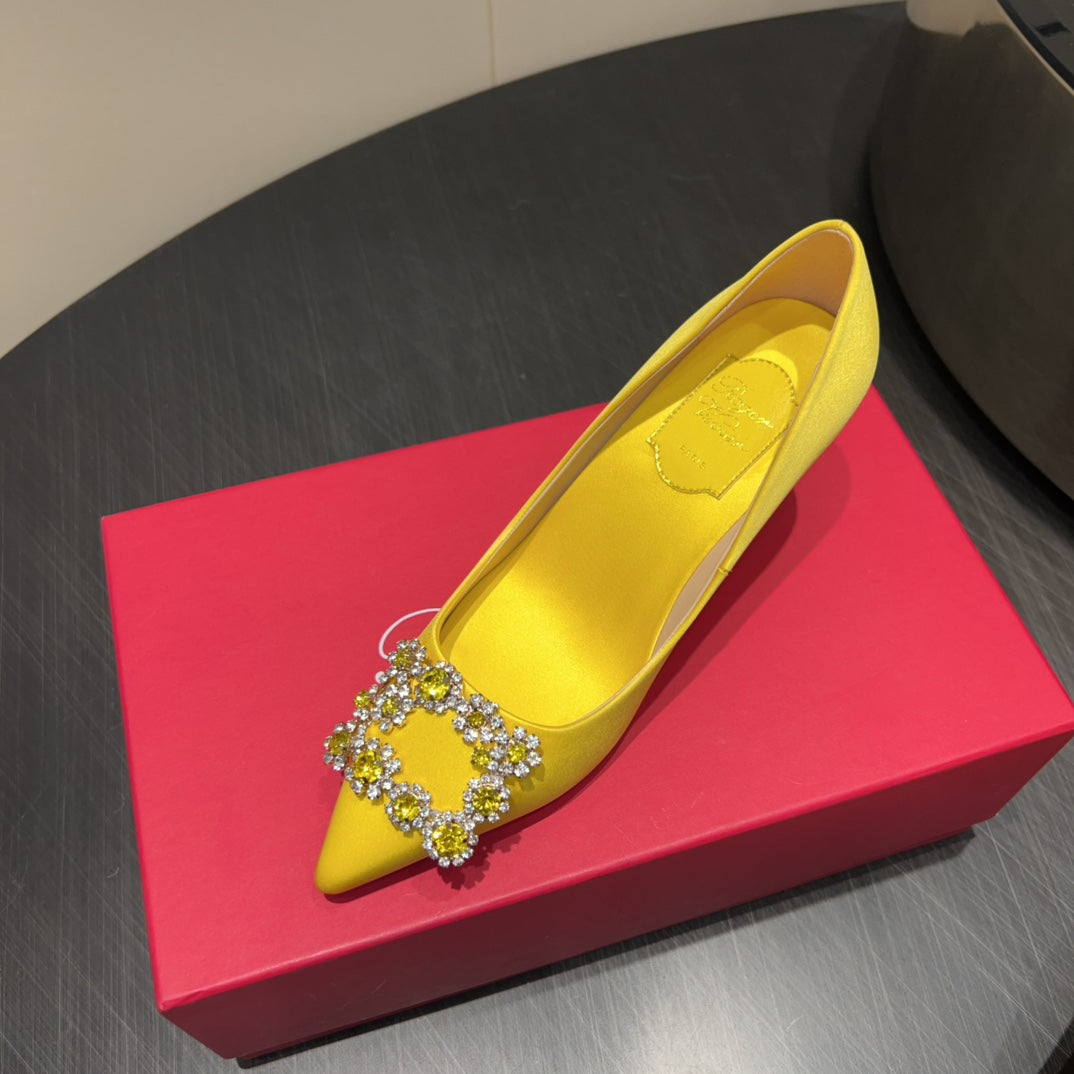 ROGER VIVIER 25S POINTED TOE HIGH HEELS 70MM IN BRIGHT YELLOW SILK EMBELLISHED CRYSTALS - 34