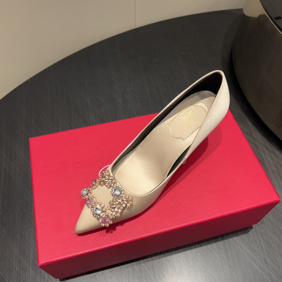 ROGER VIVIER 25S POINTED TOE HIGH HEELS 70MM IN NUDE SILK EMBELLISHED CRYSTALS - 34