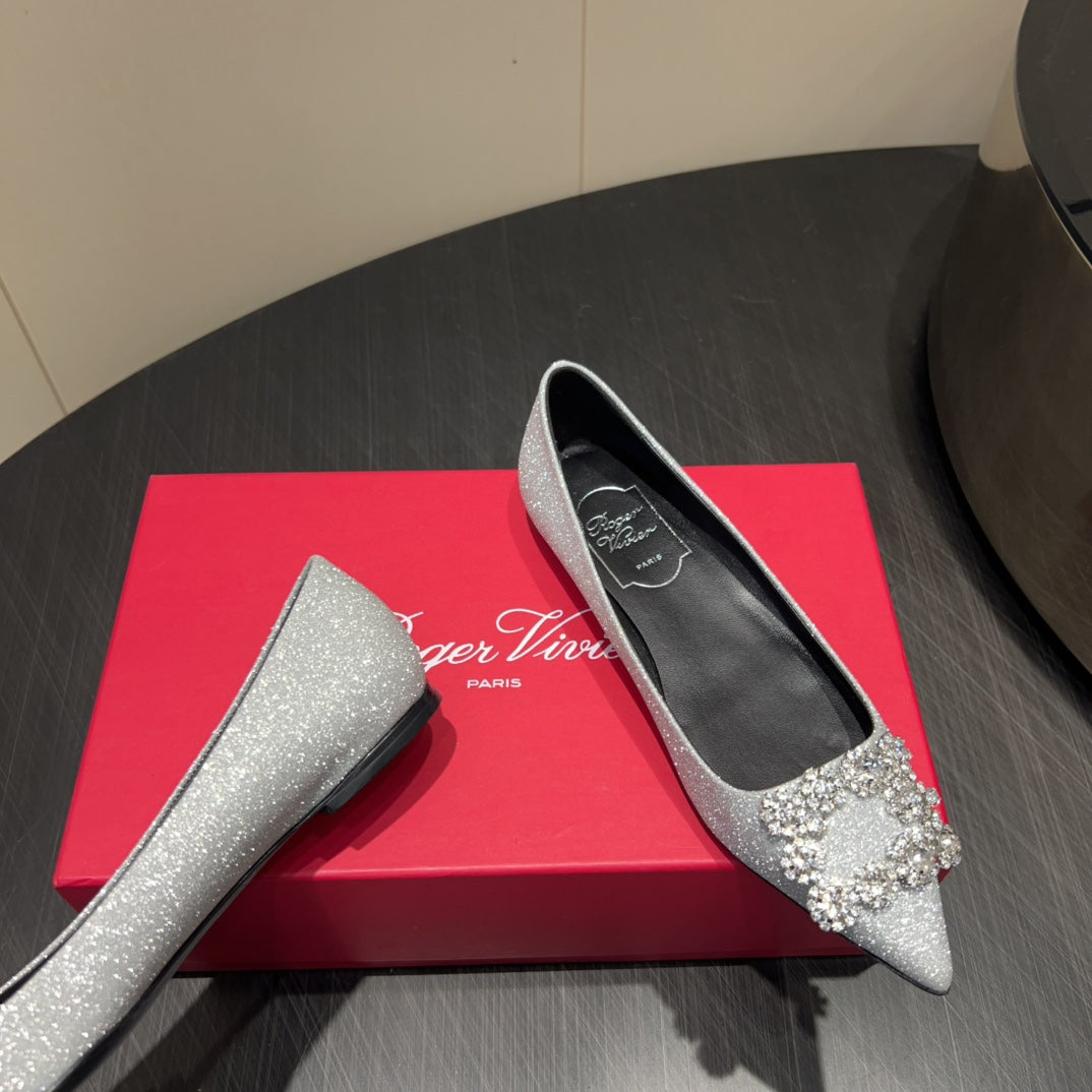 ROGER VIVIER 25S GRETE BALLET FLATS IN BLING SILVER EMBELLISHED CRYSTALS - 34