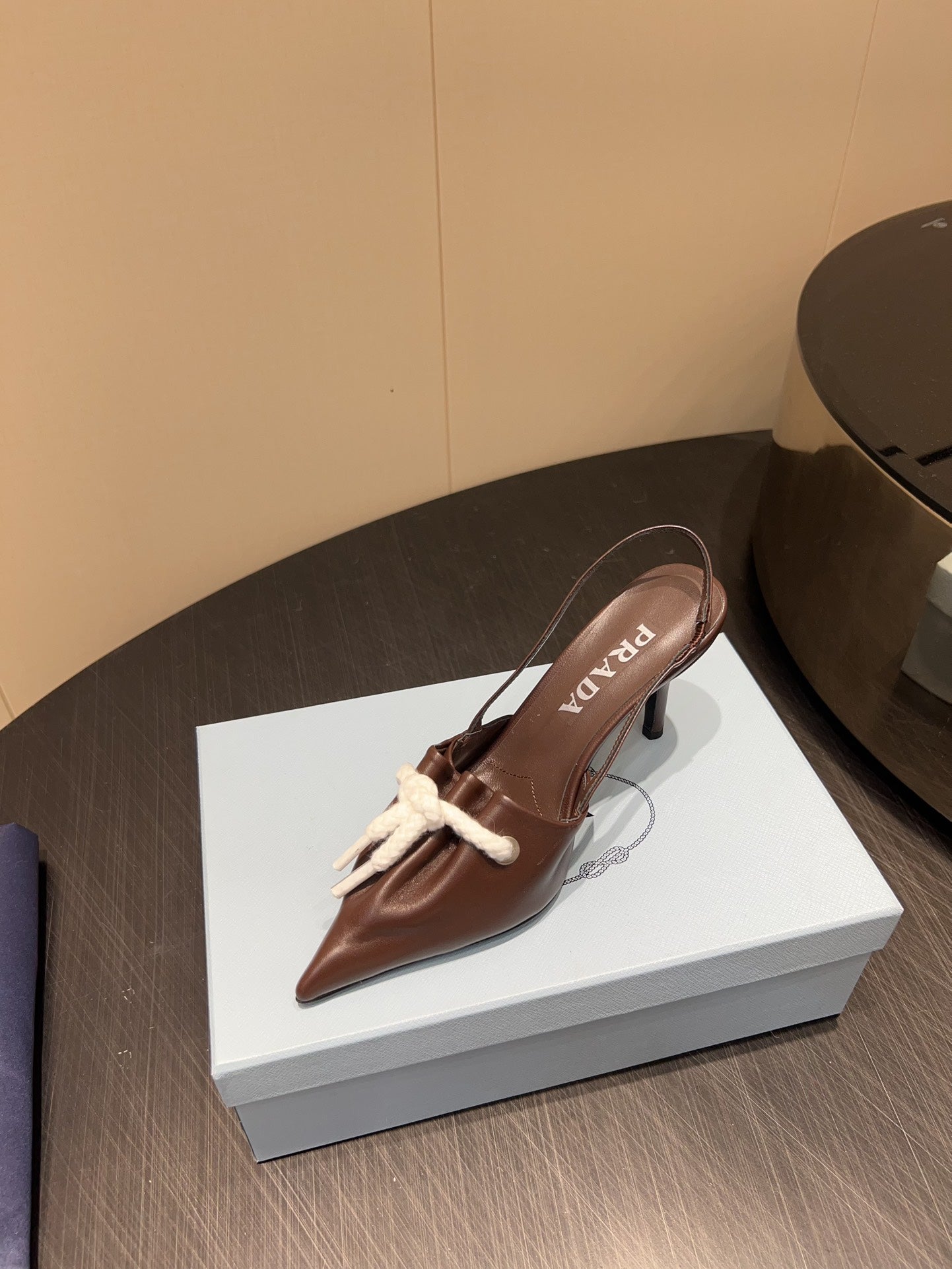 PRADA 25S POINTED TOE SLINGBACK 85MM IN DARK BROWN LAMBSKIN WITH TIE UP DESIGN - 35