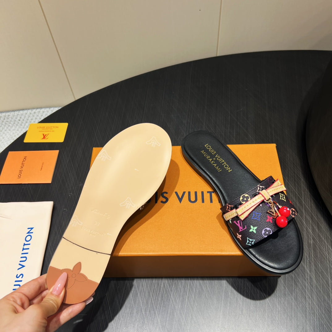 LV SLIDE SANDALS LOGO PRINT 25S IN BLACK CALFSKIN WITH CHERRY BLOSSOM BUCKLE - 35