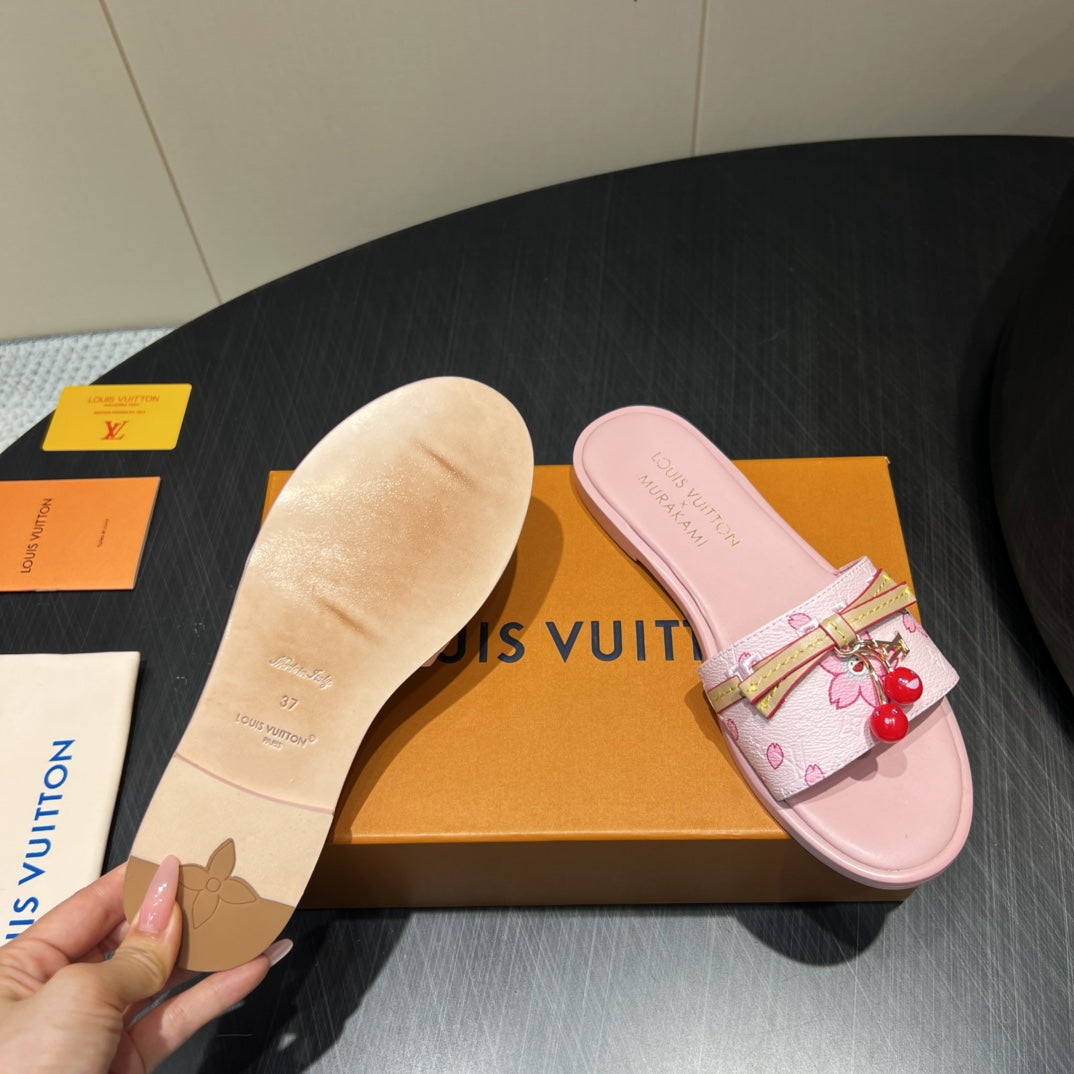 LV SLIDE SANDALS 25S IN LIGHT PINK CALFSKIN WITH CHERRY BLOSSOM BUCKLE - 35