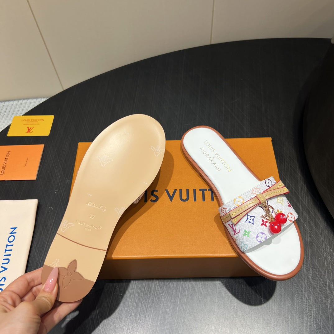 LV SLIDE SANDALS LOGO PRINT 25S IN WHITE CALFSKIN WITH CHERRY BLOSSOM BUCKLE - 35