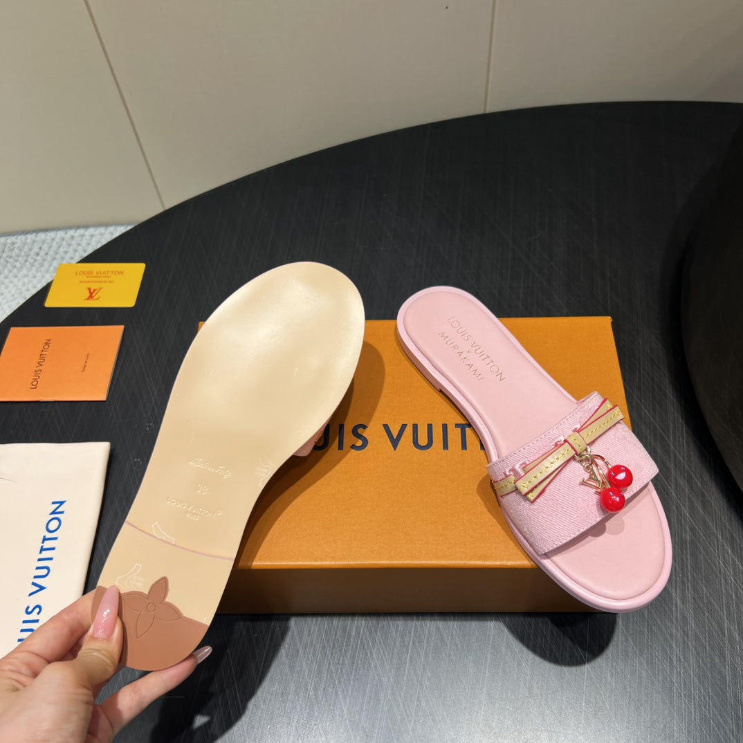 LV SLIDE SANDALS 25S IN BABY PINK DENIM AND CALFSKIN WITH CHERRY BLOSSOM BUCKLE - 35