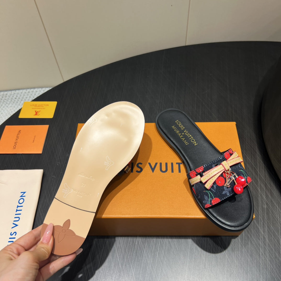 LV SLIDE SANDALS 25S IN BLACK DENIM AND CALFSKIN WITH CHERRY BLOSSOM BUCKLE - 35