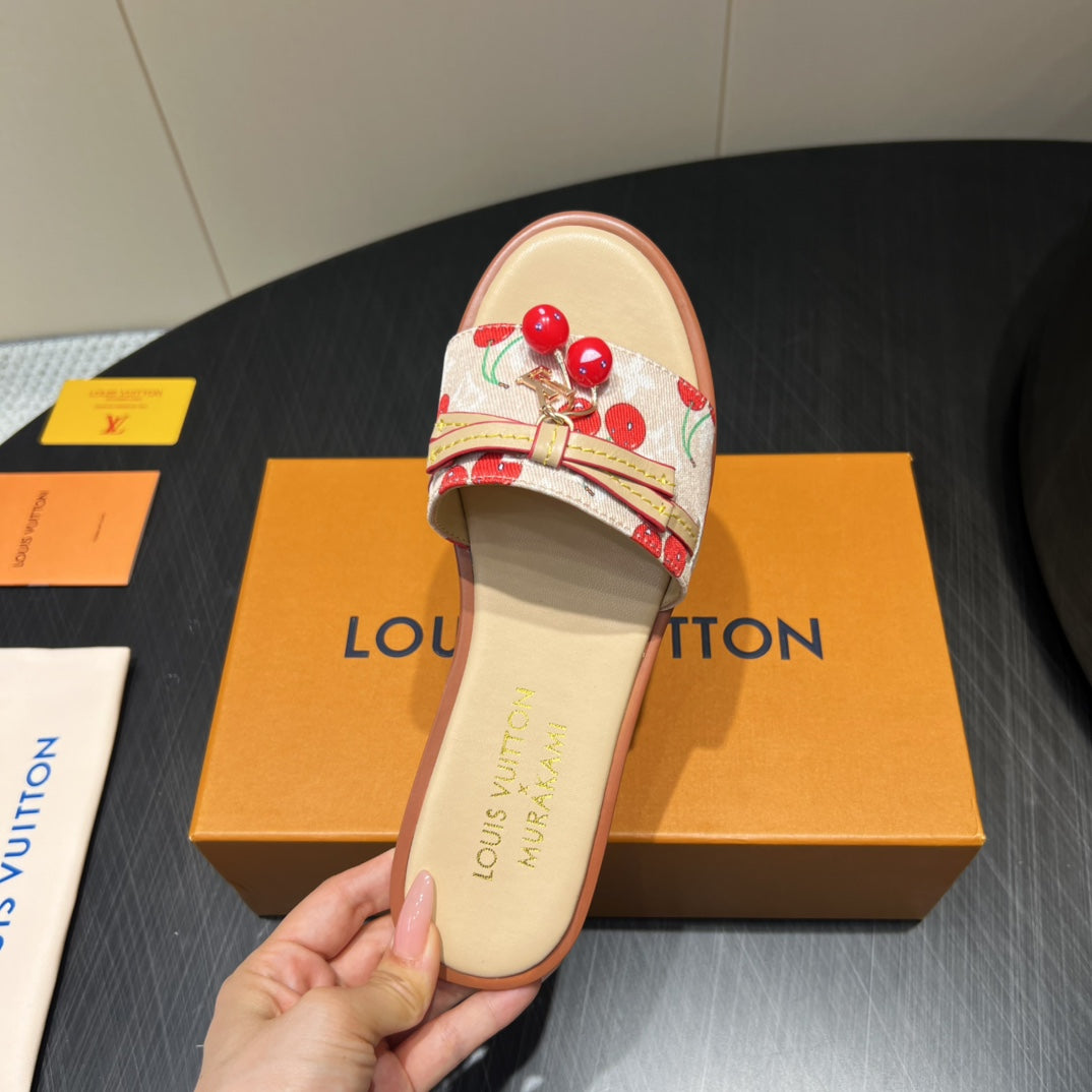 LV SLIDE SANDALS 25S IN BEIGE DENIM AND CALFSKIN WITH CHERRY BLOSSOM BUCKLE - 35