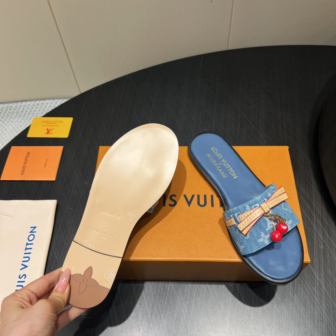 LV SLIDE SANDALS 25S IN BLUE DENIM AND CALFSKIN WITH CHERRY BLOSSOM BUCKLE - 35