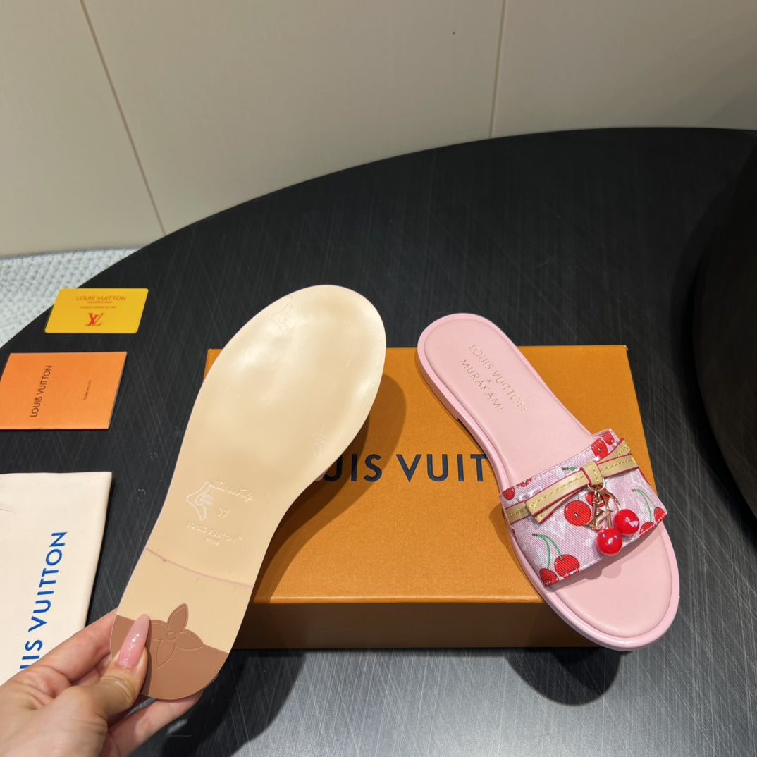 LV SLIDE SANDALS 25S IN LIGHT PINK DENIM AND CALFSKIN WITH CHERRY BLOSSOM BUCKLE - 35