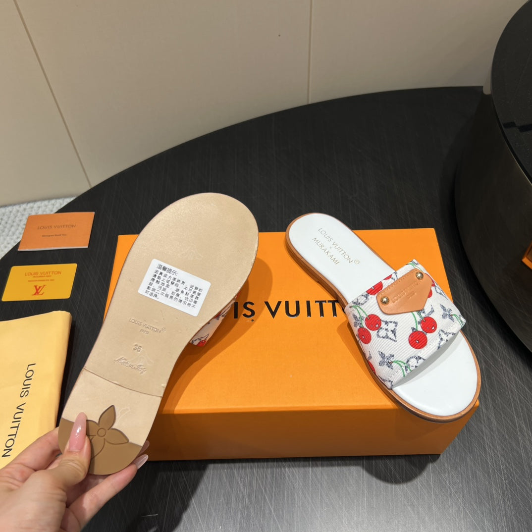 LV SLIDE SANDALS 25S IN WHITE DENIM AND CALFSKIN WITH LOGO PRINT - 35