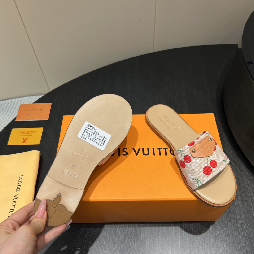 LV SLIDE SANDALS 25S IN BEIGE DENIM AND CALFSKIN WITH LOGO PRINT - 35