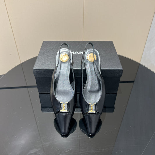 YSL SLINGBACK FLATS 25S IN BLACK LAMBSKIN WITH GOLD HARDWARE - 35