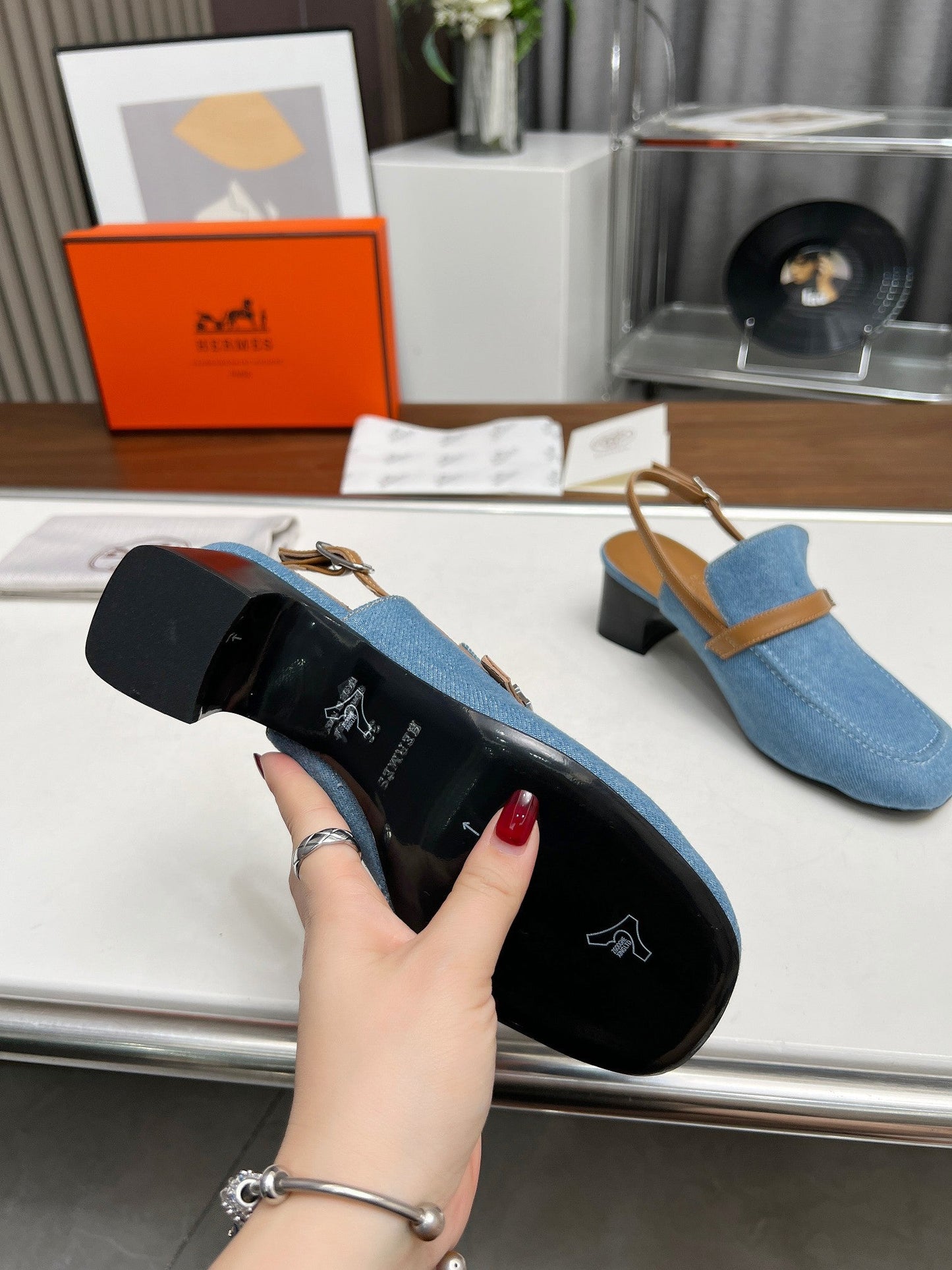 SQUARE TOE SLINGBACK DENIM CALFSKIN - 35