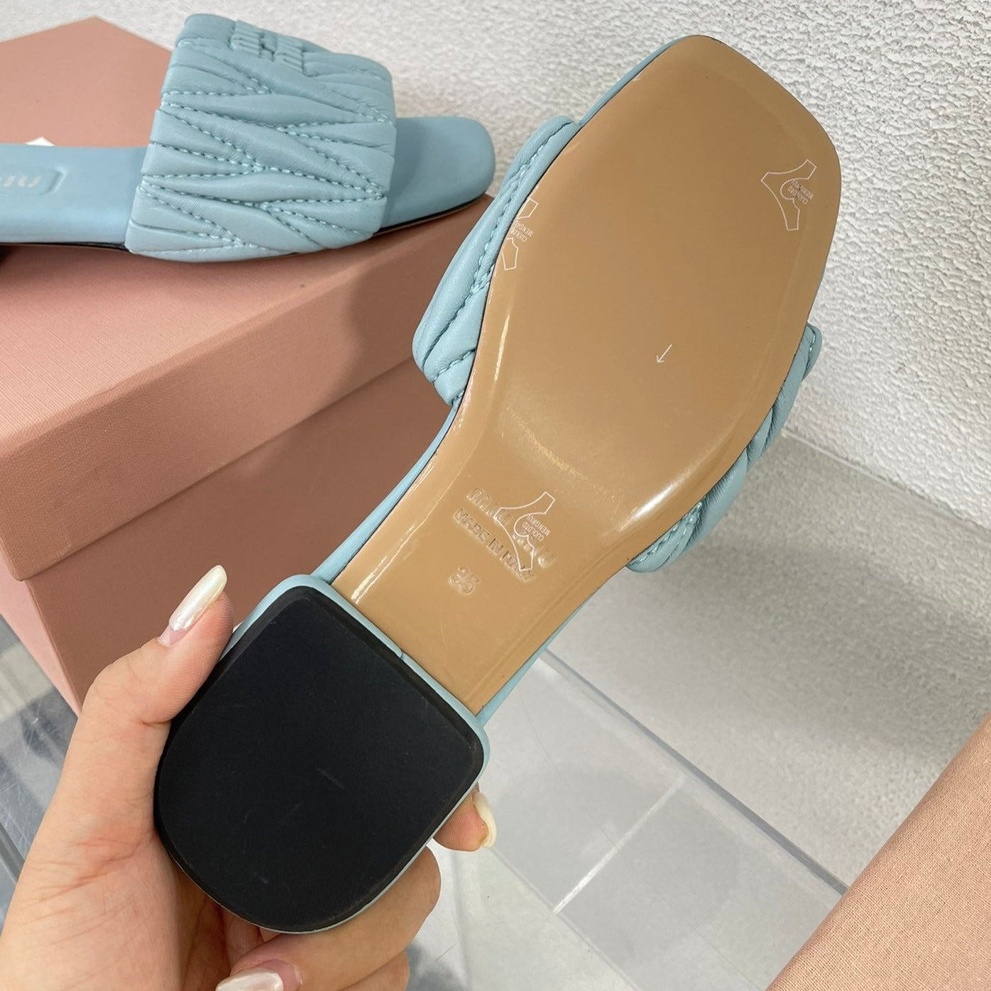 Women's Baby Blue Leather Slippers - 35