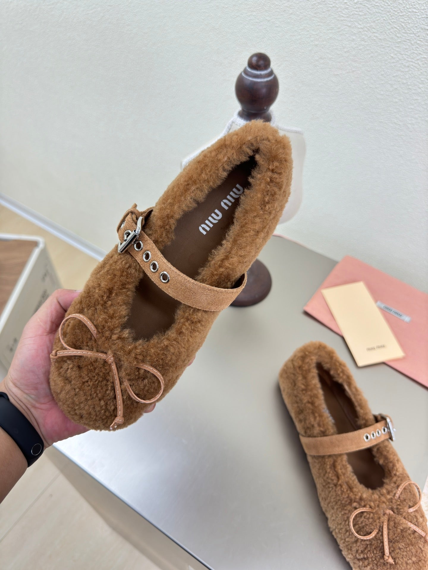 SHEARLING BALLET FLAT BROWN WITH SUEDE STRAP - 35