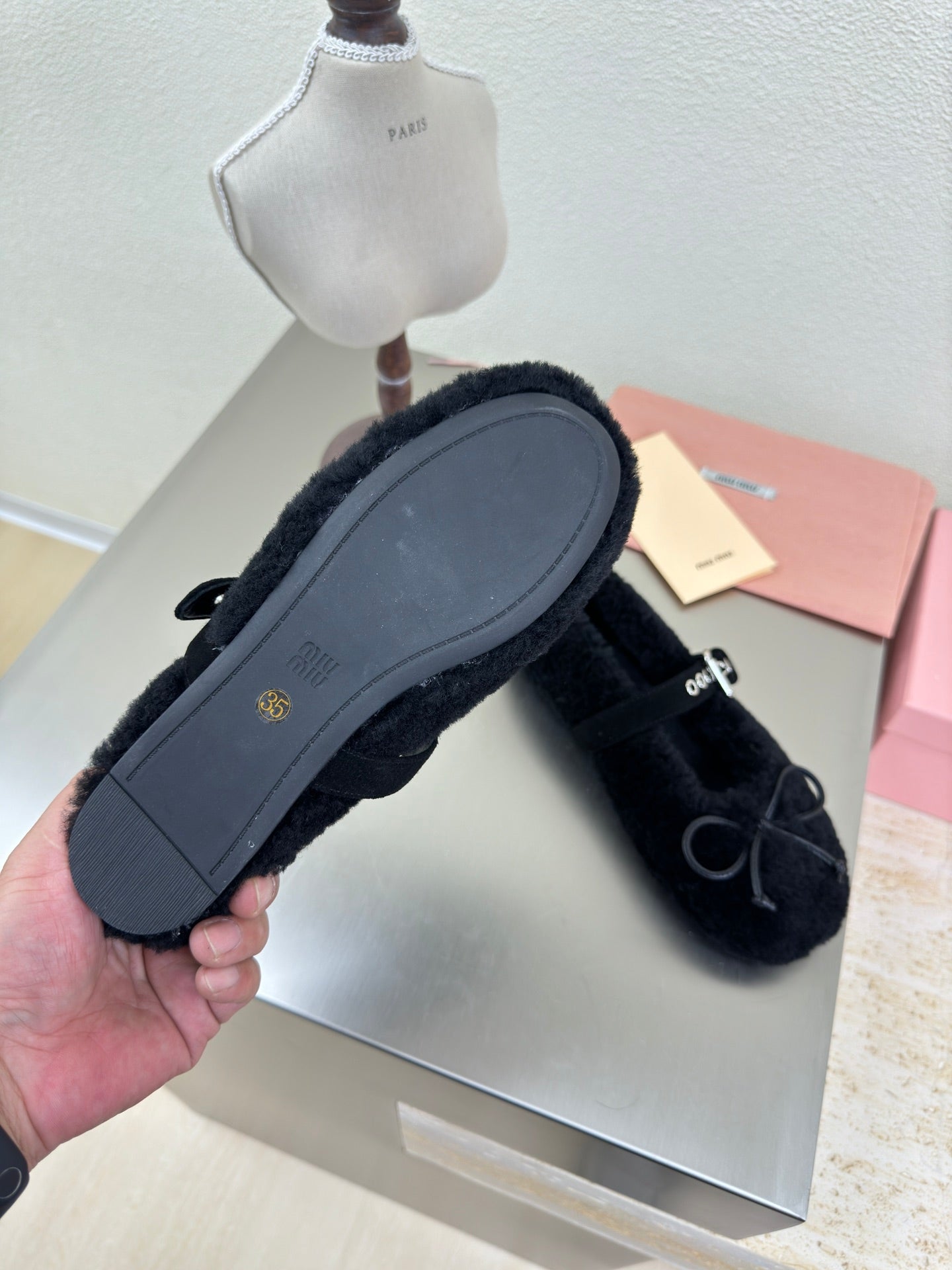 SHEARLING BALLET FLAT BLACK WITH SUEDE STRAP - 35