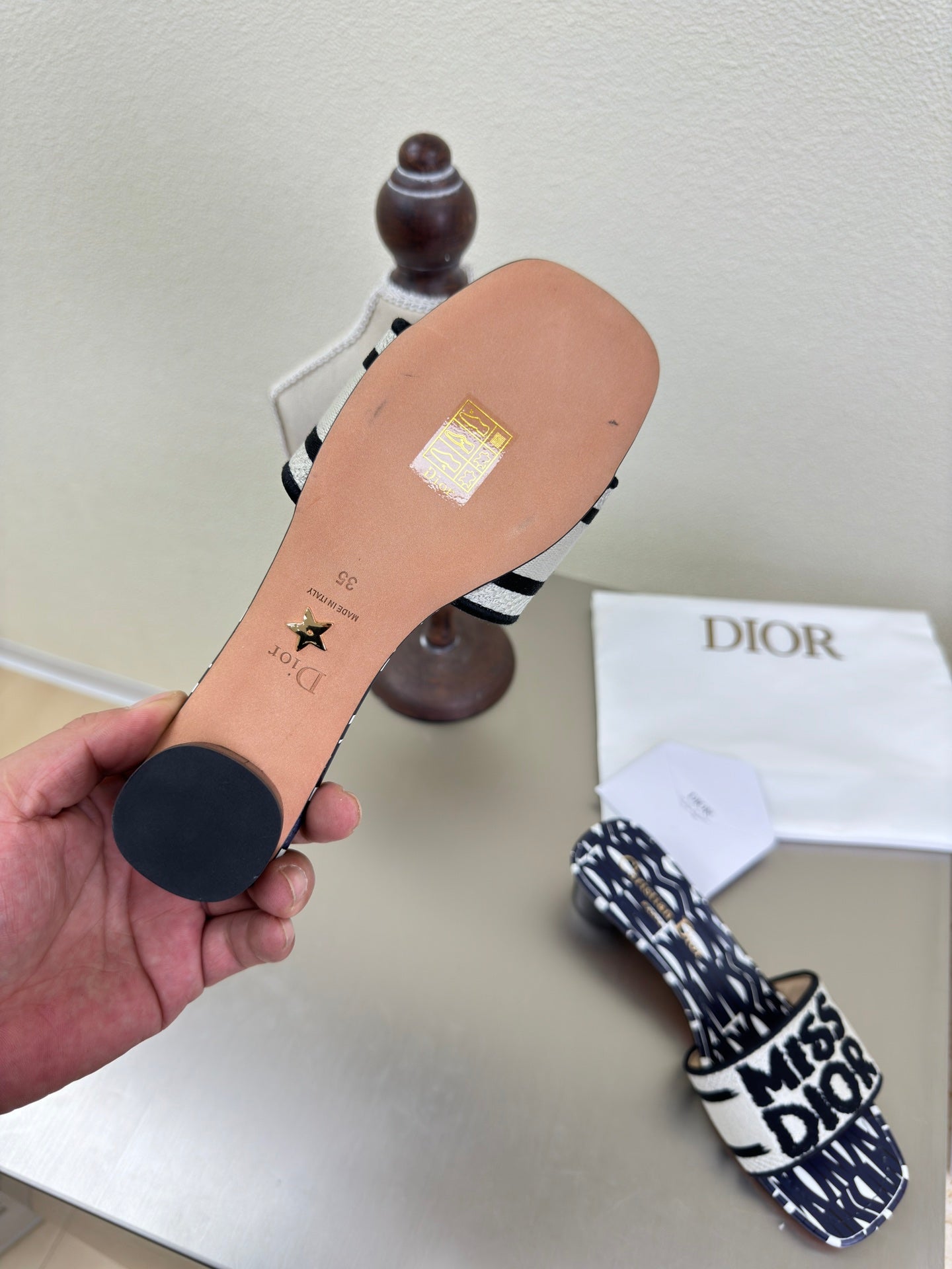 DWAY HEELED SLIDE EMBROIDERED COTTON AND NAVY BLUE MISS DIOR ALLOVER MOTIF 35 MM - 34