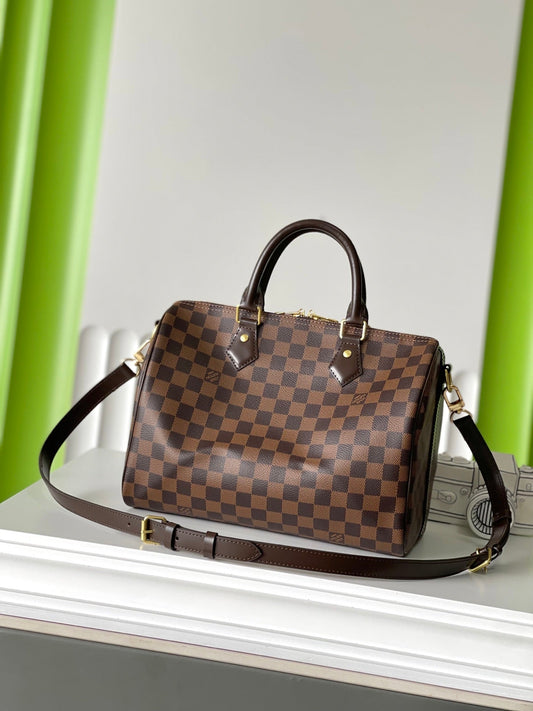 SPEEDY BANDOLIÈRE 30 IN DARK BROWN DAMIER EBENE CANVAS GOLD LOCK