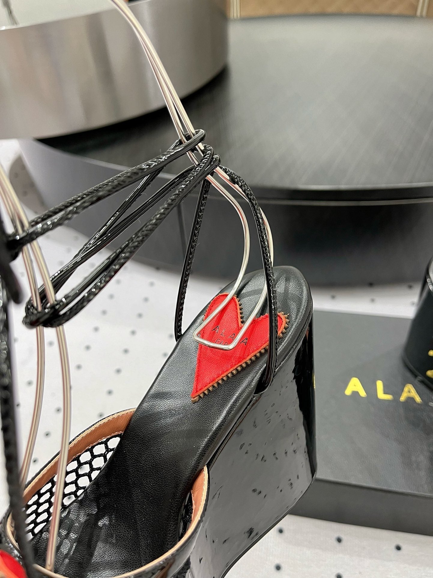 ALAIA BANQUET WEDGE SANDALS IN BLACK LAMBSKIN WITH RED HEART - 35