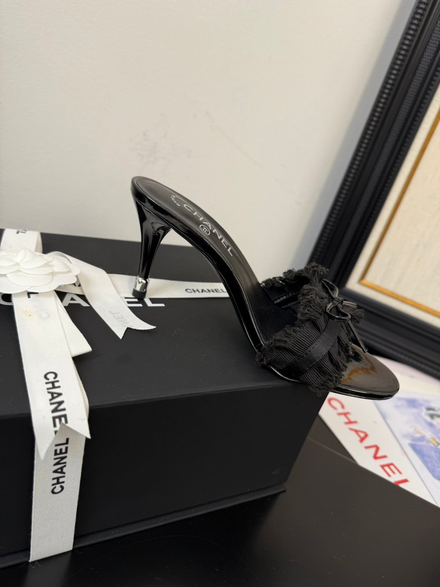 BLACK GROSGRAIN CANVAS BOW MULE SANDALS 90 MM - 35