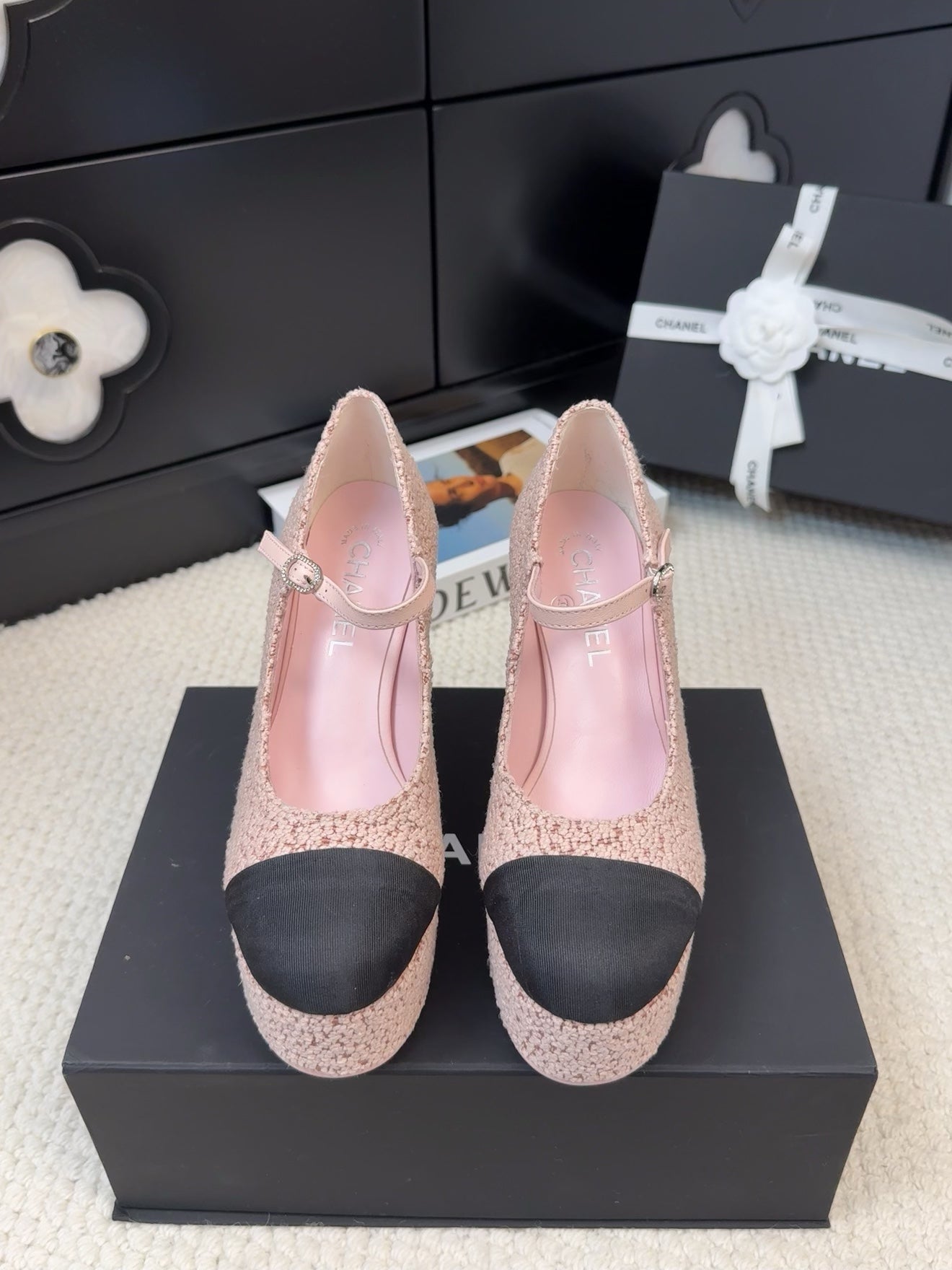 FLATFORM SANDAL IN LIGHT PINK TWEED AND BLACK FABRIC - 35