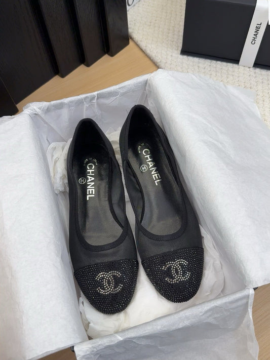 BALLET FLAT IN BLACK FABRIC AND MESH WITH CRYSTALS - 34