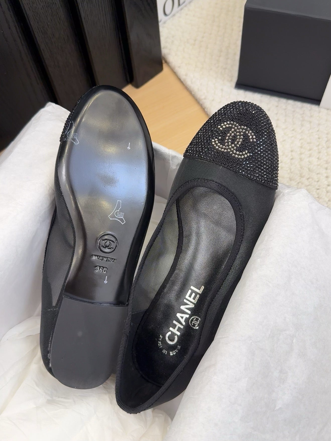 BALLET FLAT IN BLACK FABRIC AND MESH WITH CRYSTALS - 34